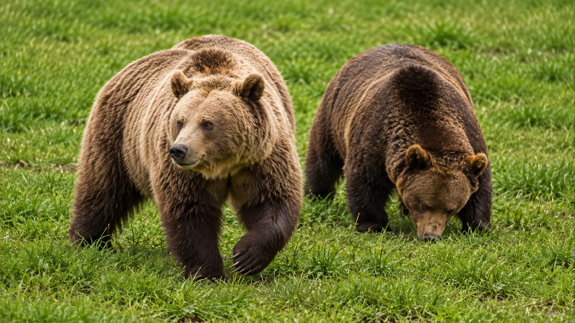 One brown bear watched the surroundings while another focused on the ground