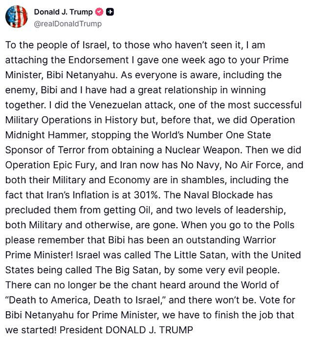 Trump calls on Israel to re-elect Netanyahu in elections so they can ...
