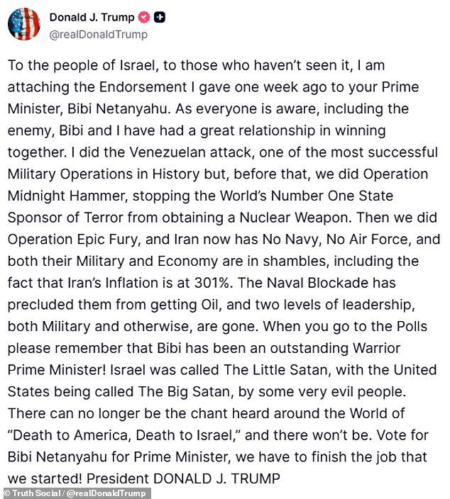 Trump calls on Israel to re-elect Netanyahu in elections so they can ...