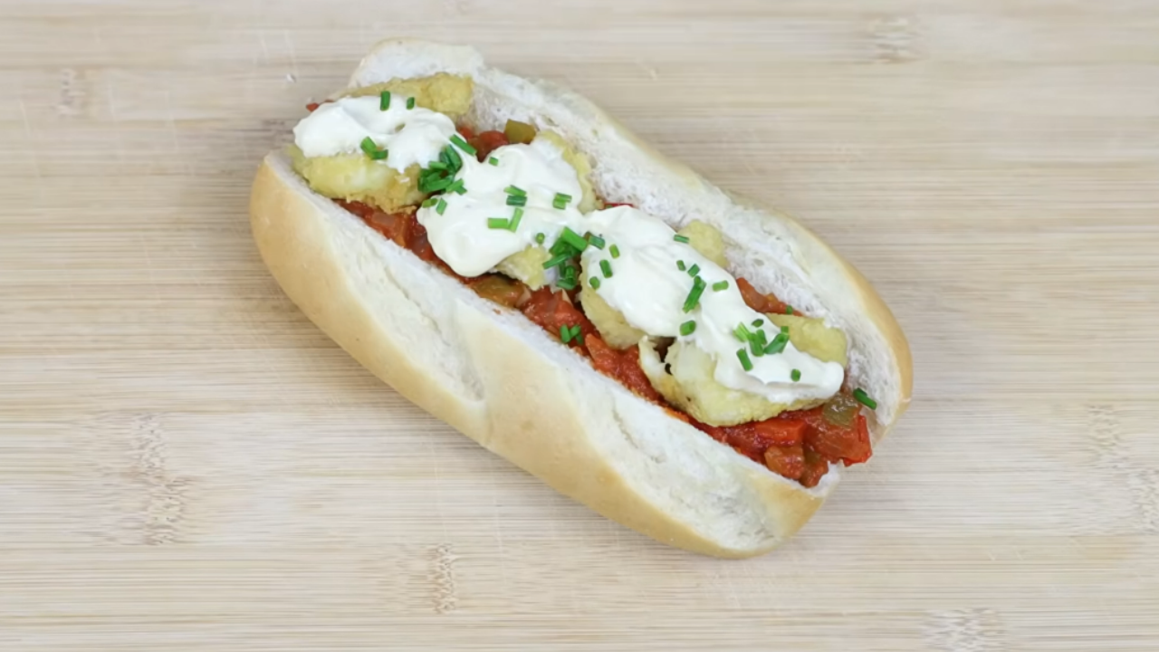Spanish fried cod sandwich with pisto