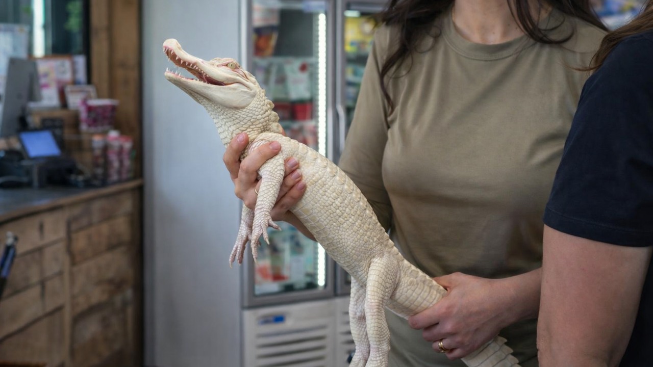 Young albino alligator visits a pet store to pick out new toys