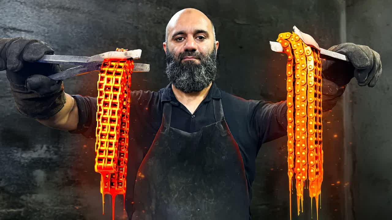Turning motorcycle chain links into handmade Damascus knives