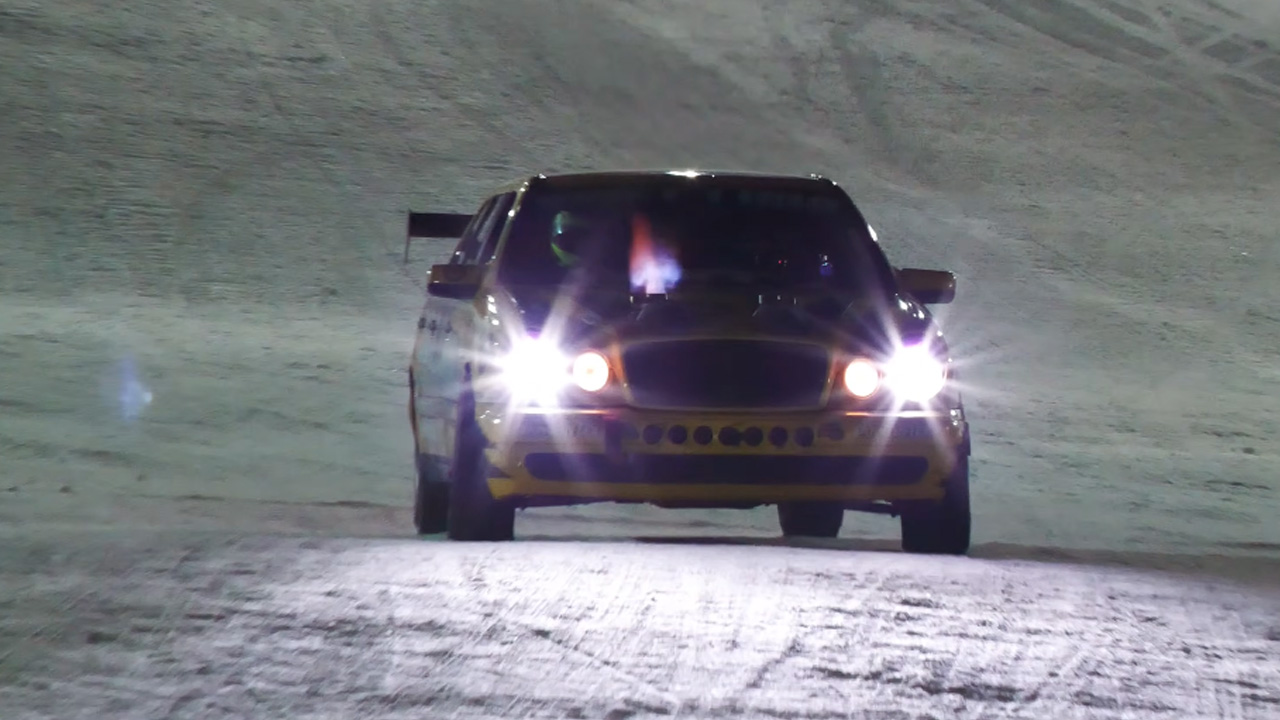 Flame throwing drift limousine dominates the insane winter ski slope ...