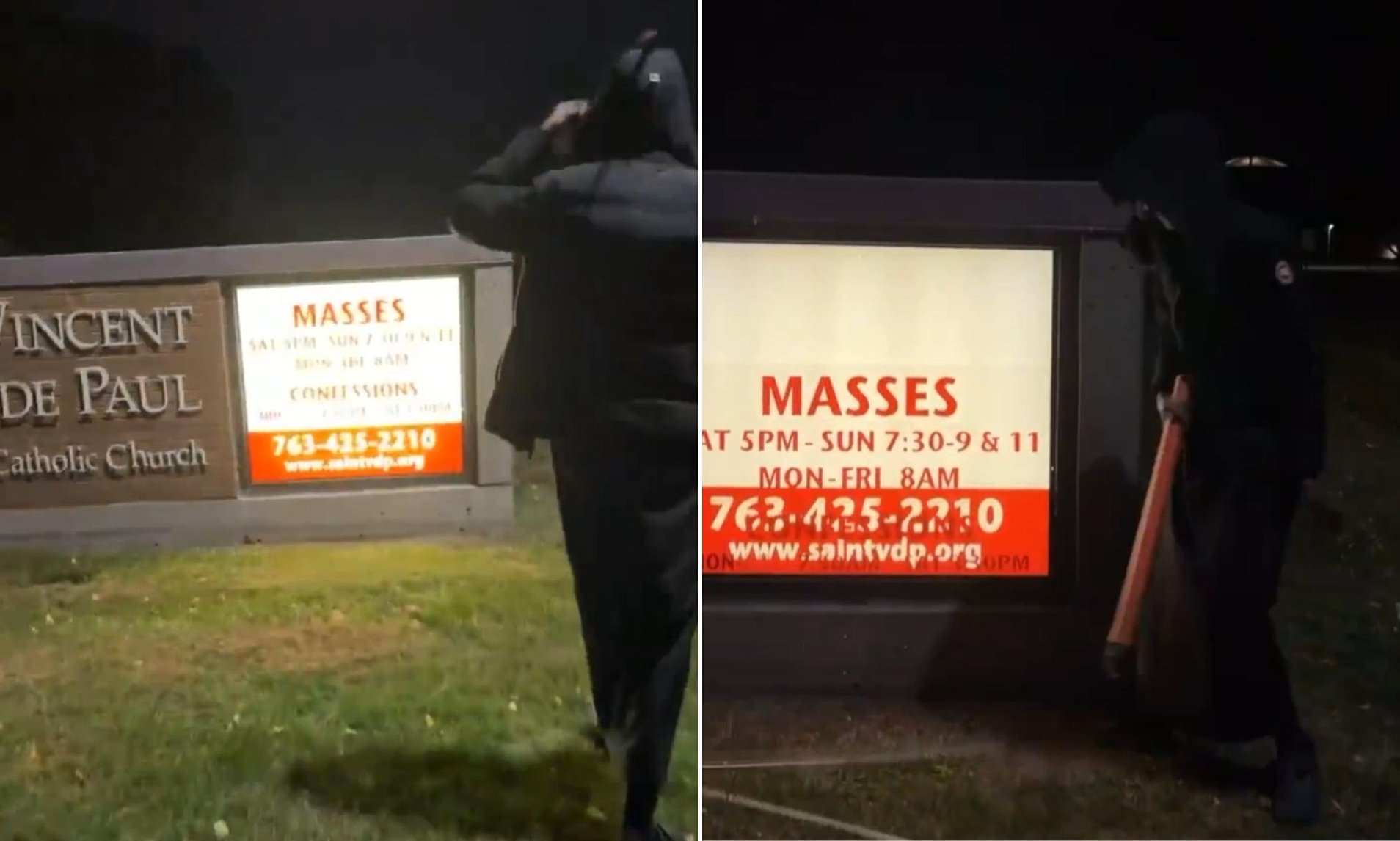 Man in robes filmed smashing sign outside Minneapolis Catholic church
