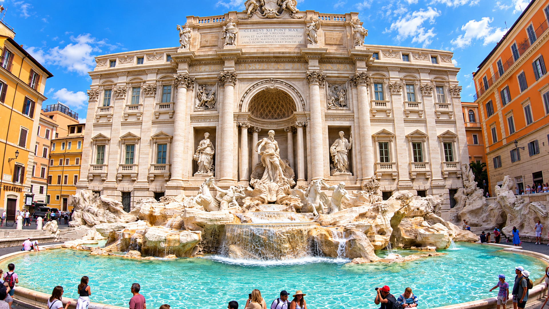 A massive fountain with turquoise water in central Rome (4K)