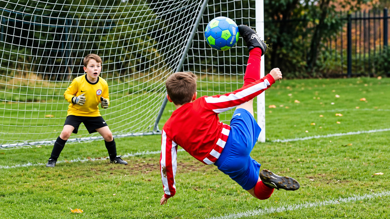 Young footballer attempts an incredible bicycle kick goal