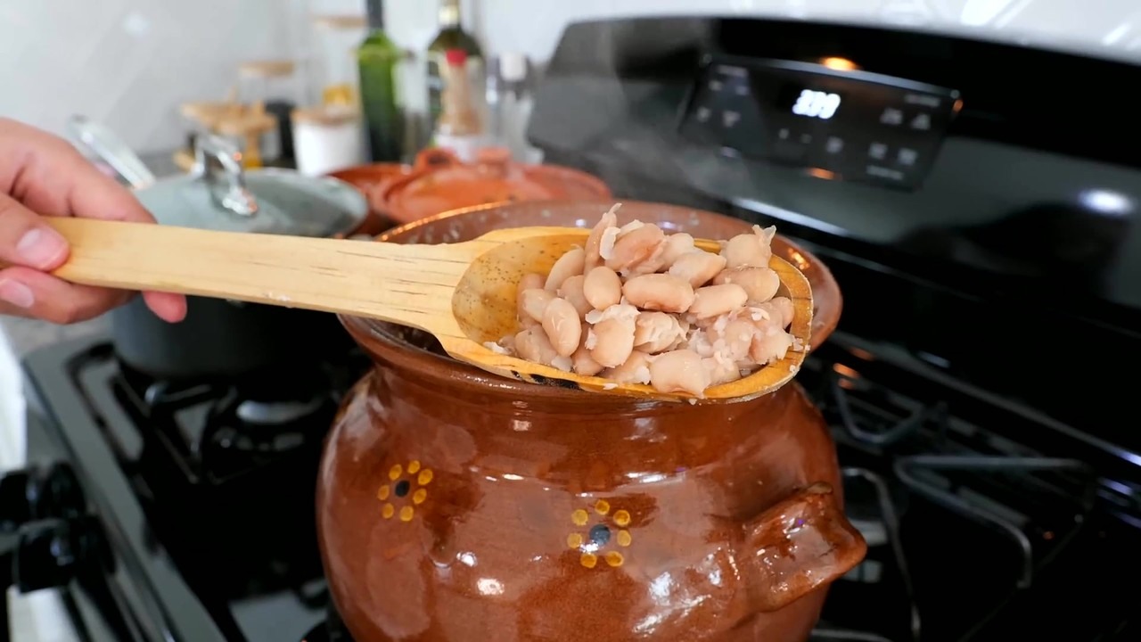 Mexican pinto beans in a clay pot