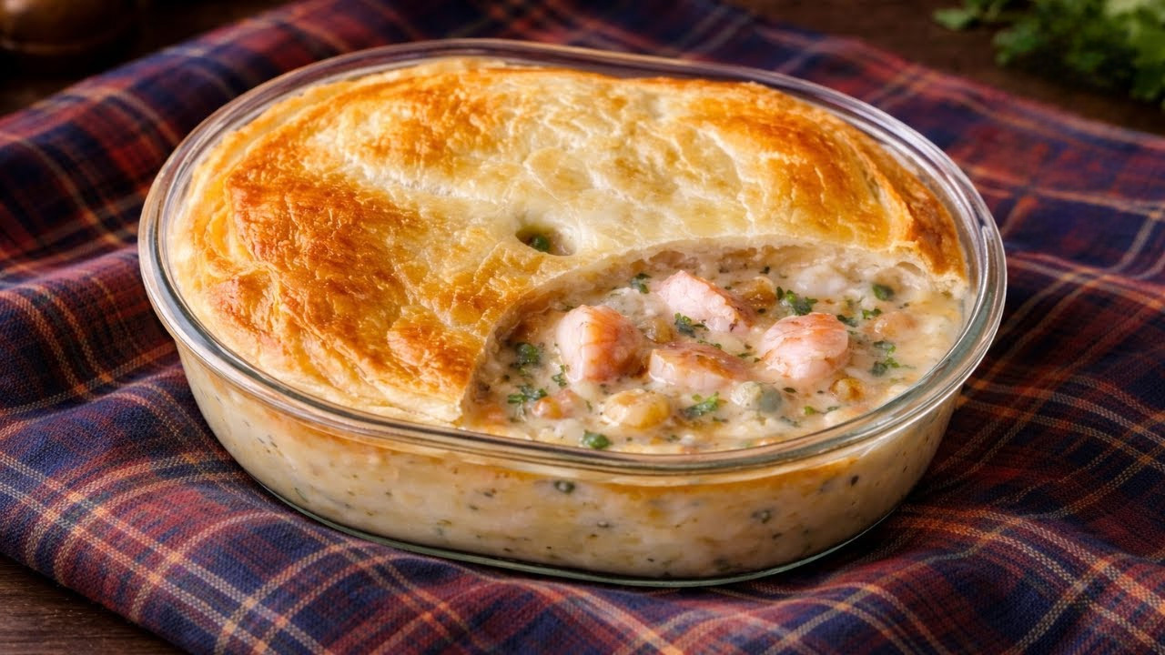 Simple creamy fish pie with golden puff pastry topping recipe
