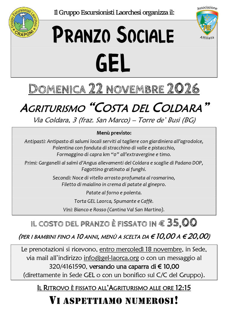 Laorca, il GEL invita al pranzo sociale 2026: appuntamento il 22 novembre