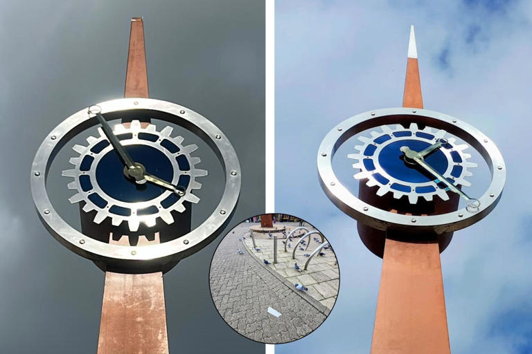 Kettering clock spire crashes on to pavement during Storm Boelo