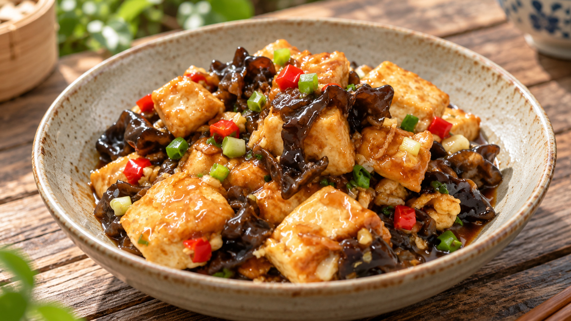 Tender tofu and crunchy black fungus in a garlic sauce