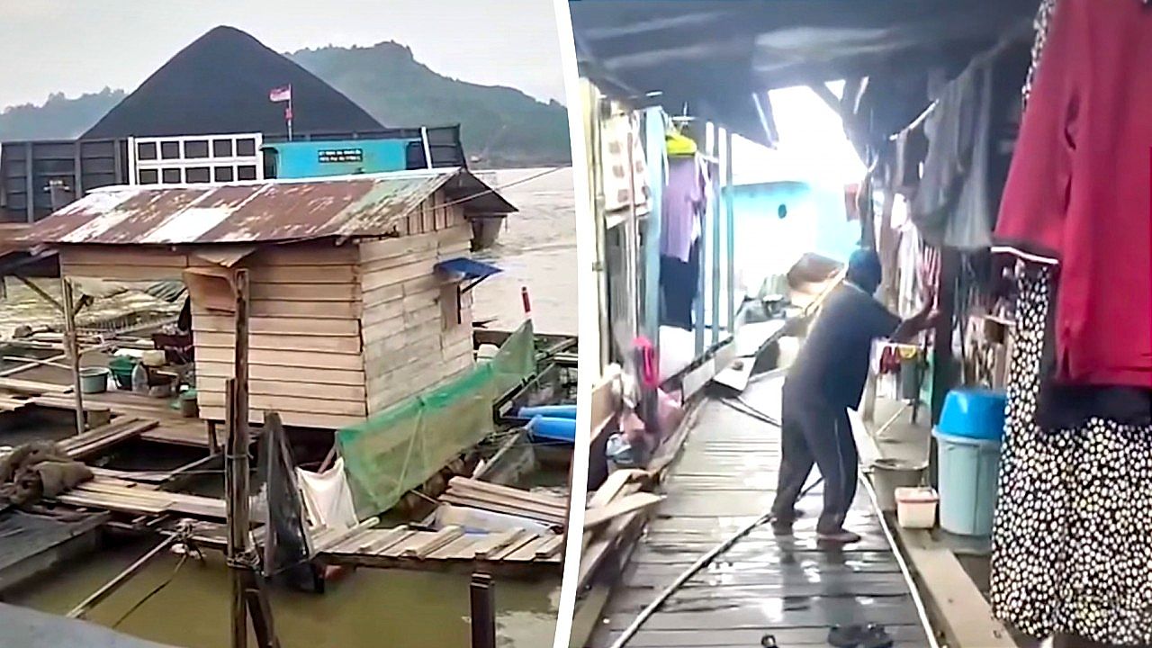 Coal barge rams riverside village on Borneo after tow line snaps