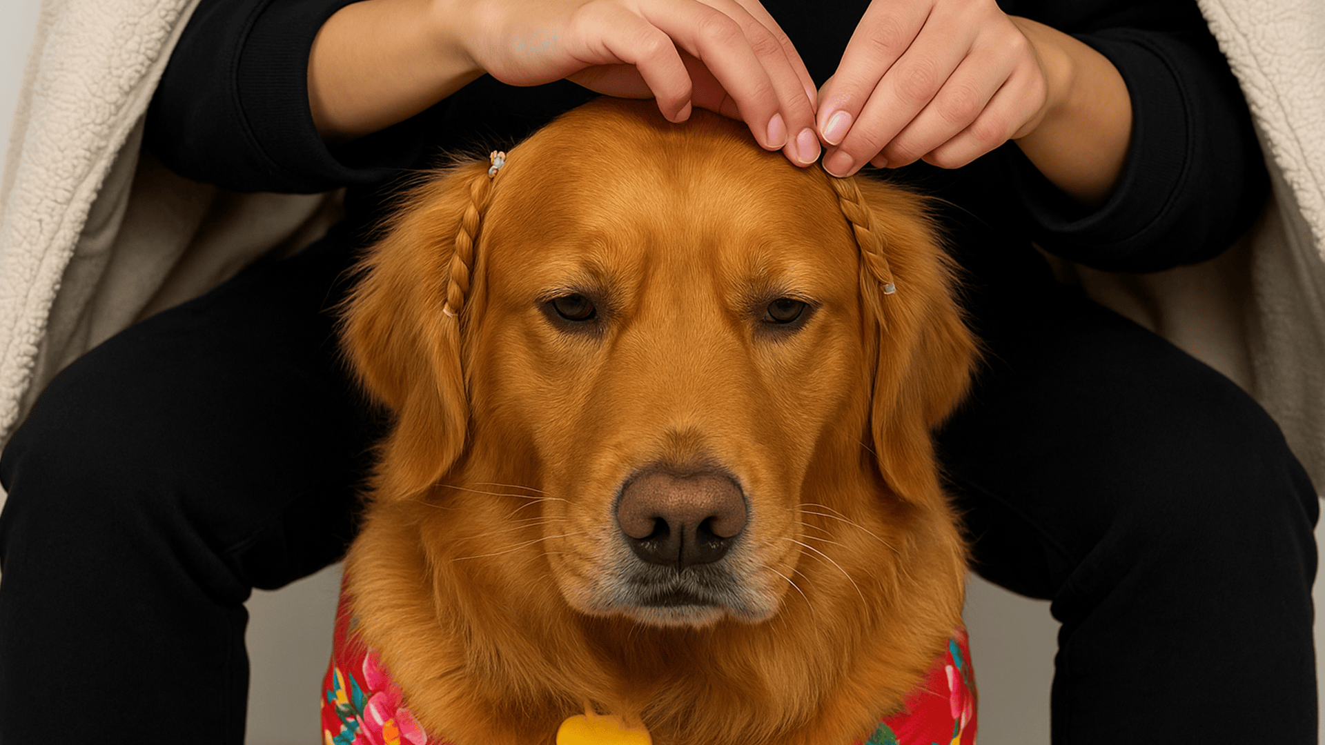 Golden retriever getting cute braids
