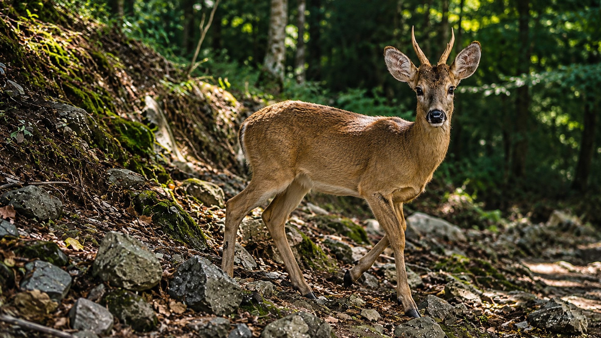 A roe buck was midway across when it looked straight into the camera