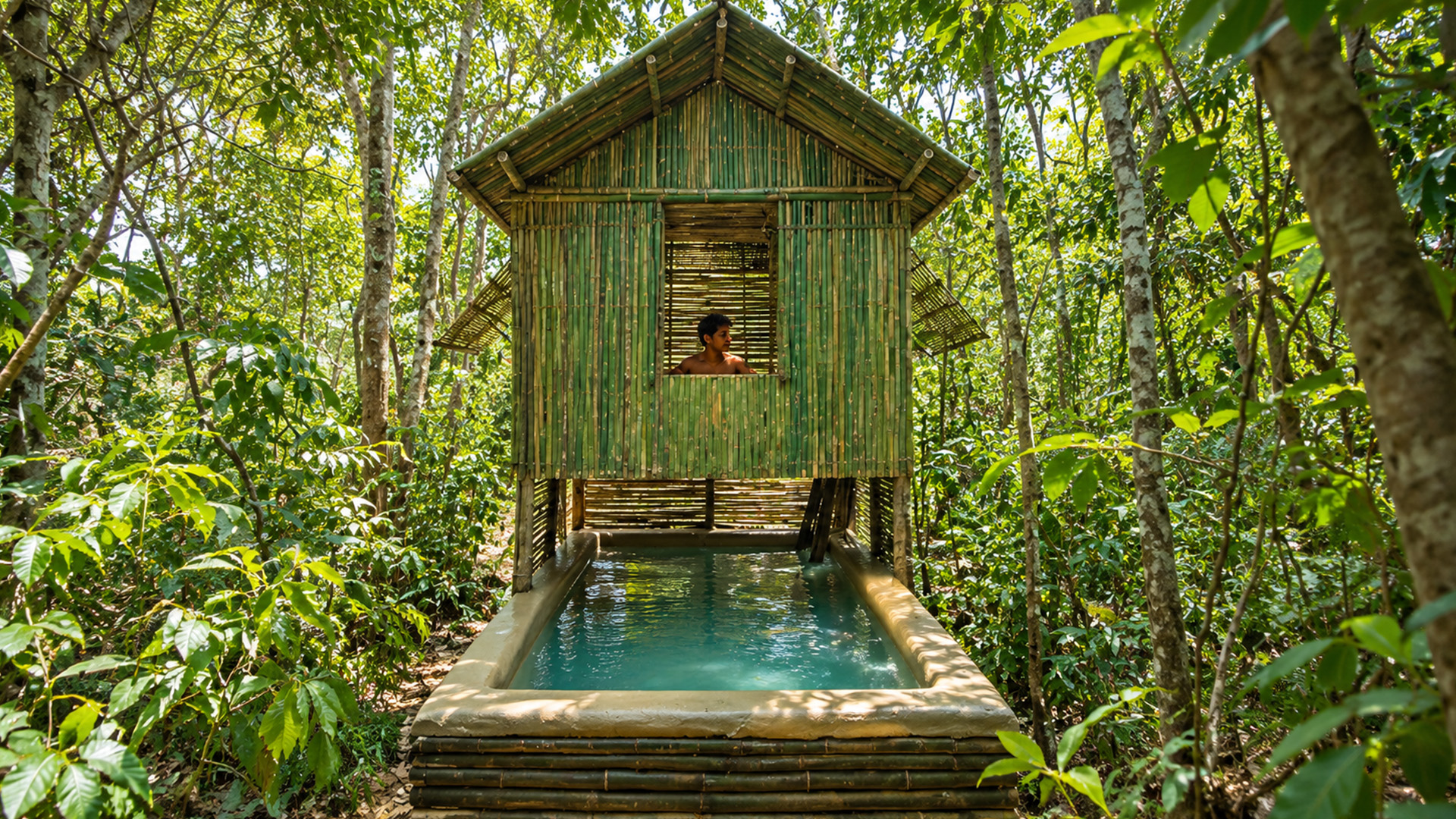 Build Bamboo Swimming Pool Under Bamboo Villa by Ancient Skills