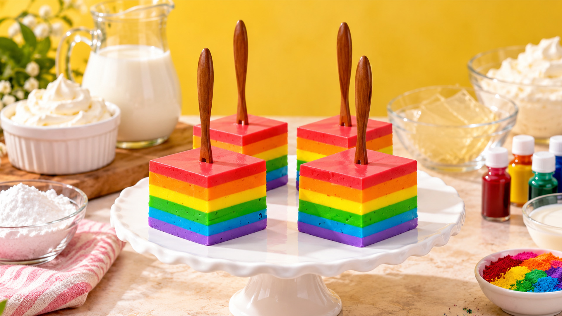 Mini rainbow cream cakes with a smooth finish