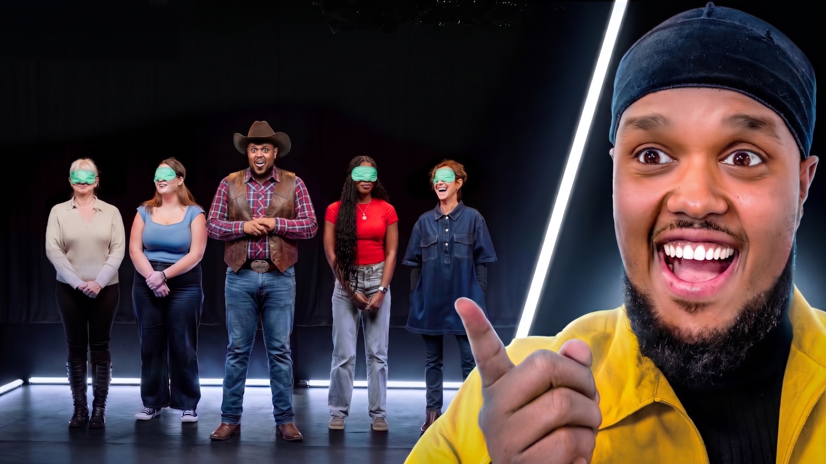 Six Americans try to spot the British imposter while blindfolded