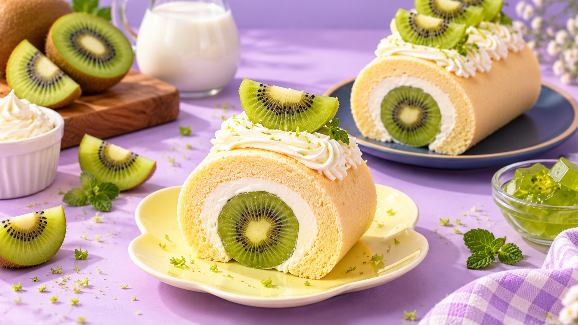 Fresh kiwi wrapped in soft sponge cake and cream
