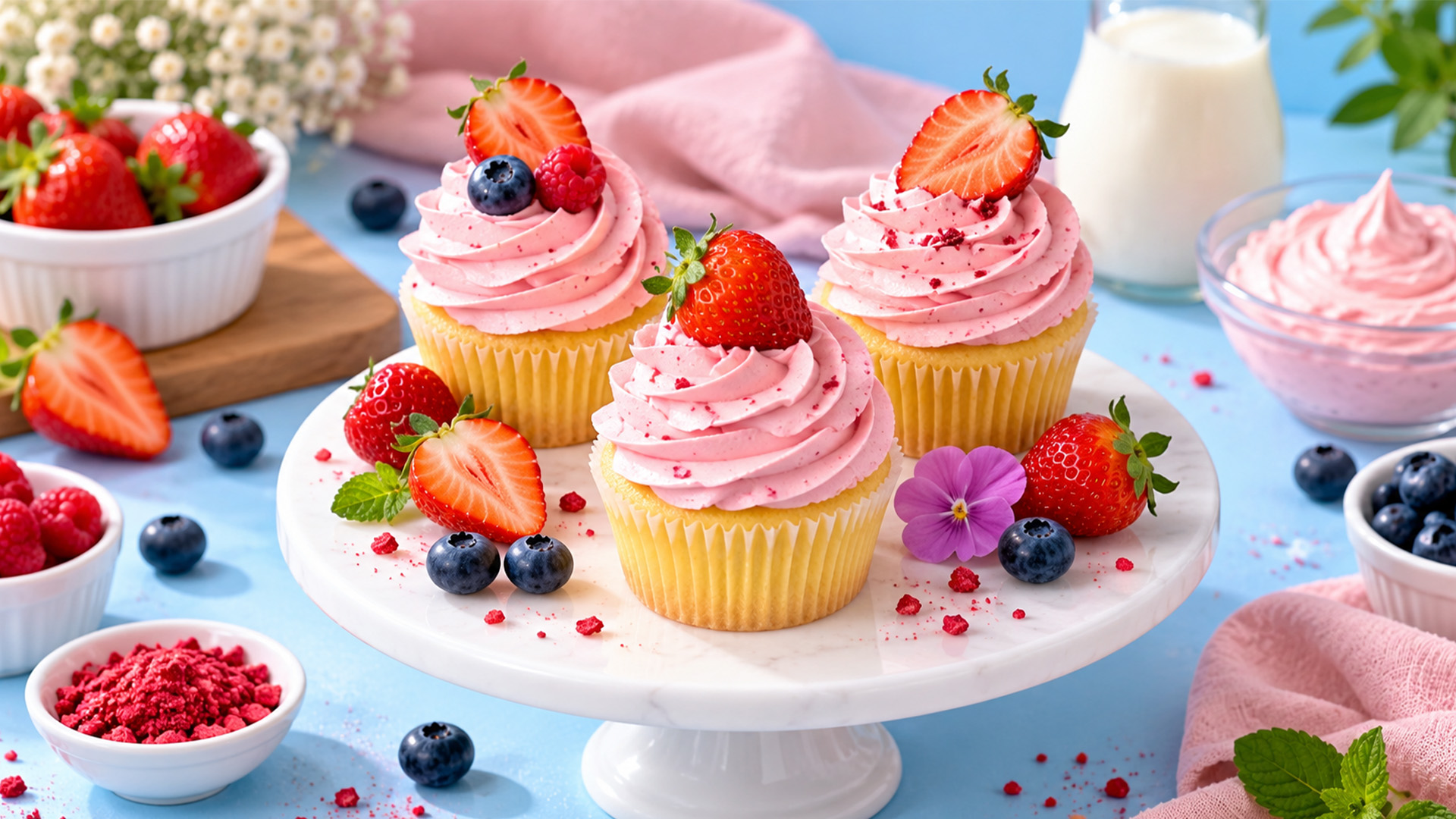 Little vanilla cupcakes dressed in pink strawberry cream