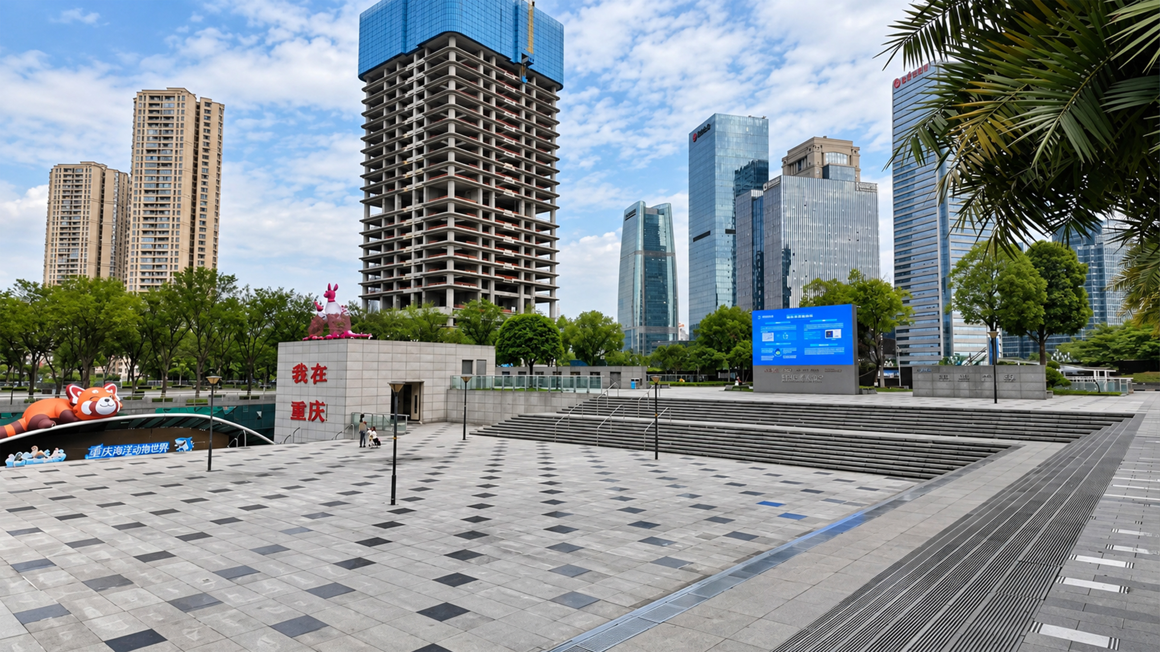 A giant blue glass box tops this unfinished tower in China