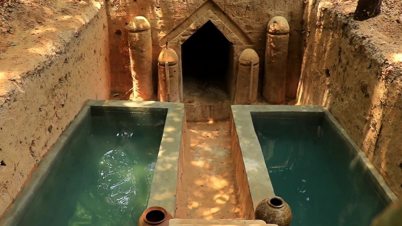 Finished underground house entrance with twin pools