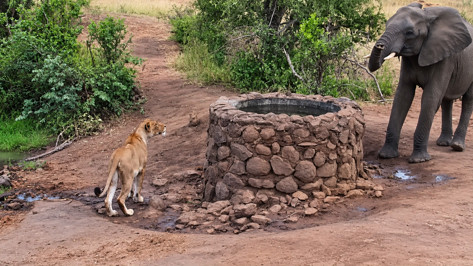 Lioness approaches waterhole but elephant has a different idea