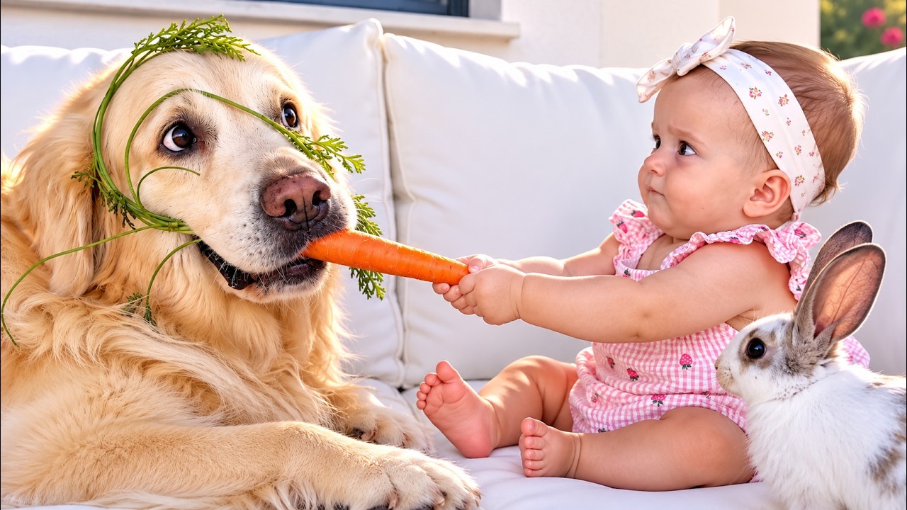 Rabbit watches baby feed a golden retriever