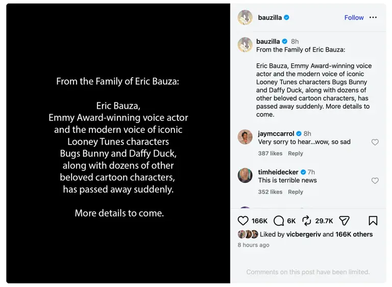 Emmy-winning voice actor Eric Bauza, who voiced Bugs Bunny, dead at 46