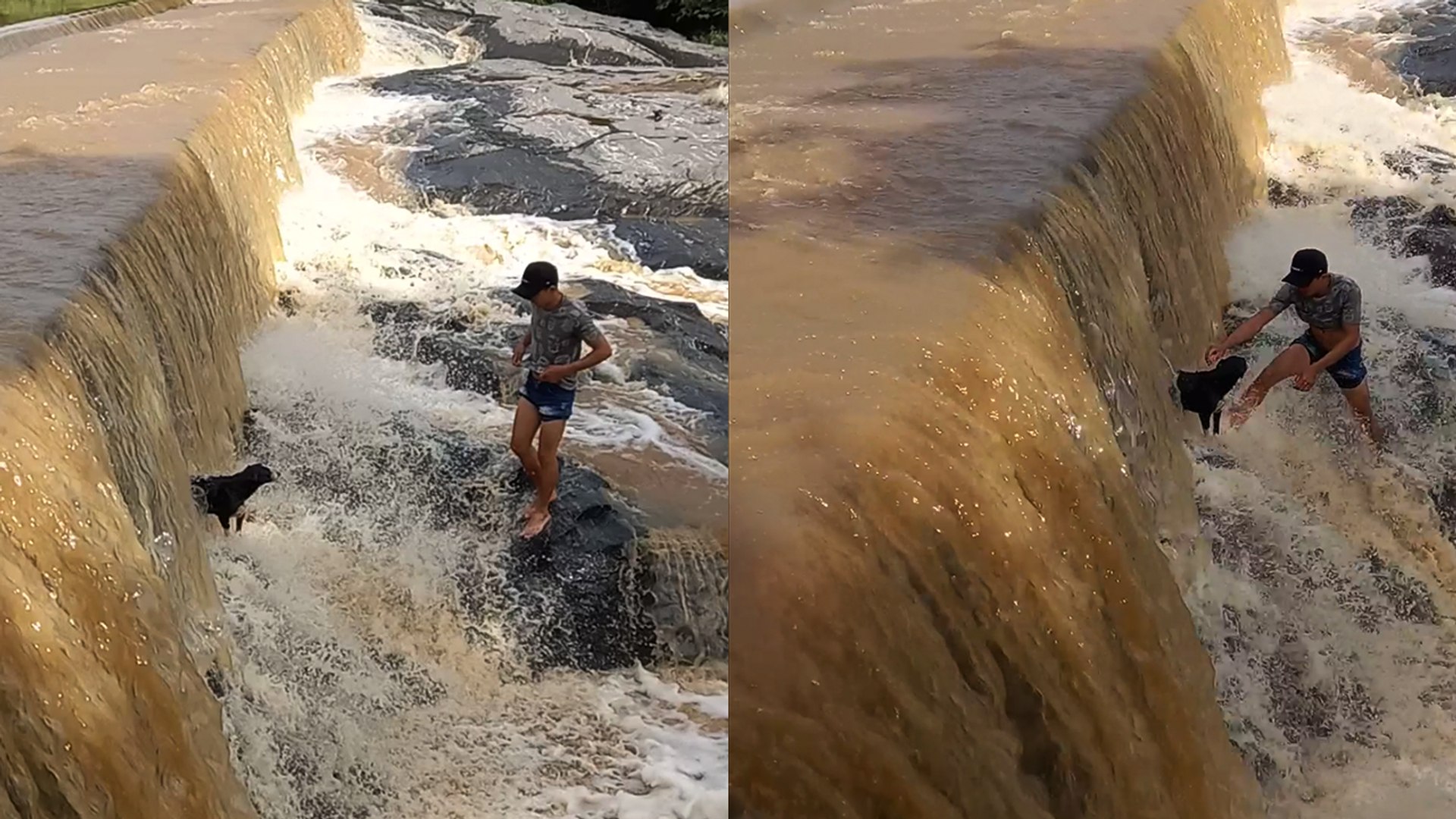 Brave man saves canine stranded at waterfall