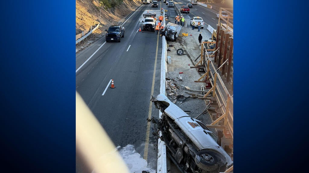 Pickup towing trailer overturns on westbound I-80 near Weimar in Placer County