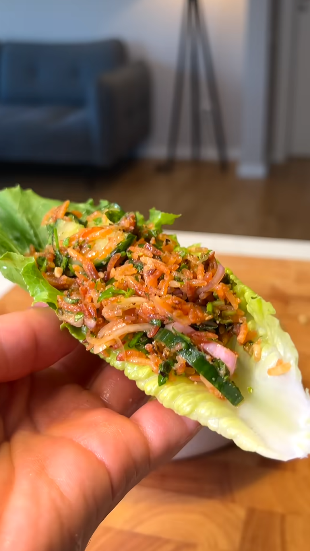 Making nam khao Thai crispy rice salad at home