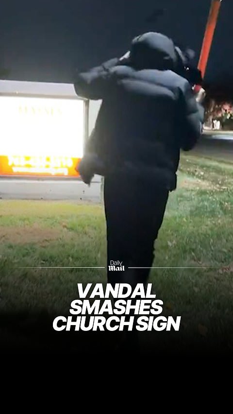 Vandal in hooded jacket smashes sign outside Minneapolis church