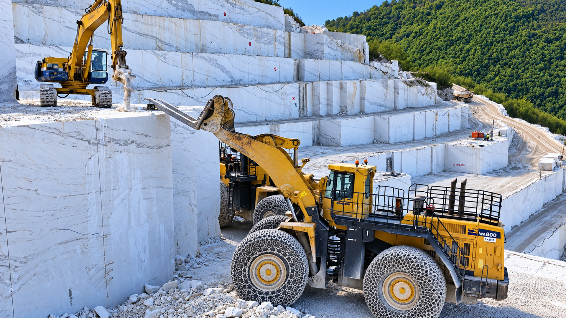 Watch how 115-ton Komatsu WA900 loaders lift 35-ton marble blocks in a ...
