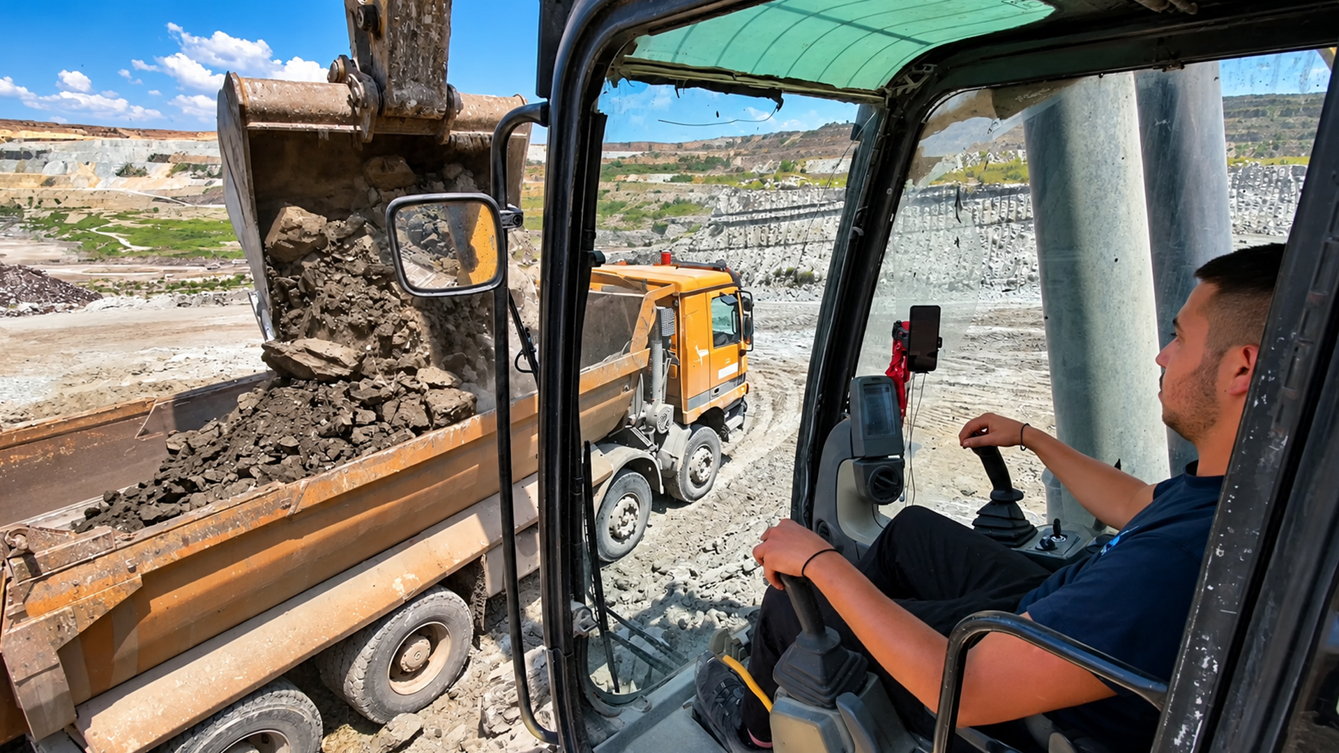 Inside the cab of a 70-ton CAT excavator loading commercial dump trucks