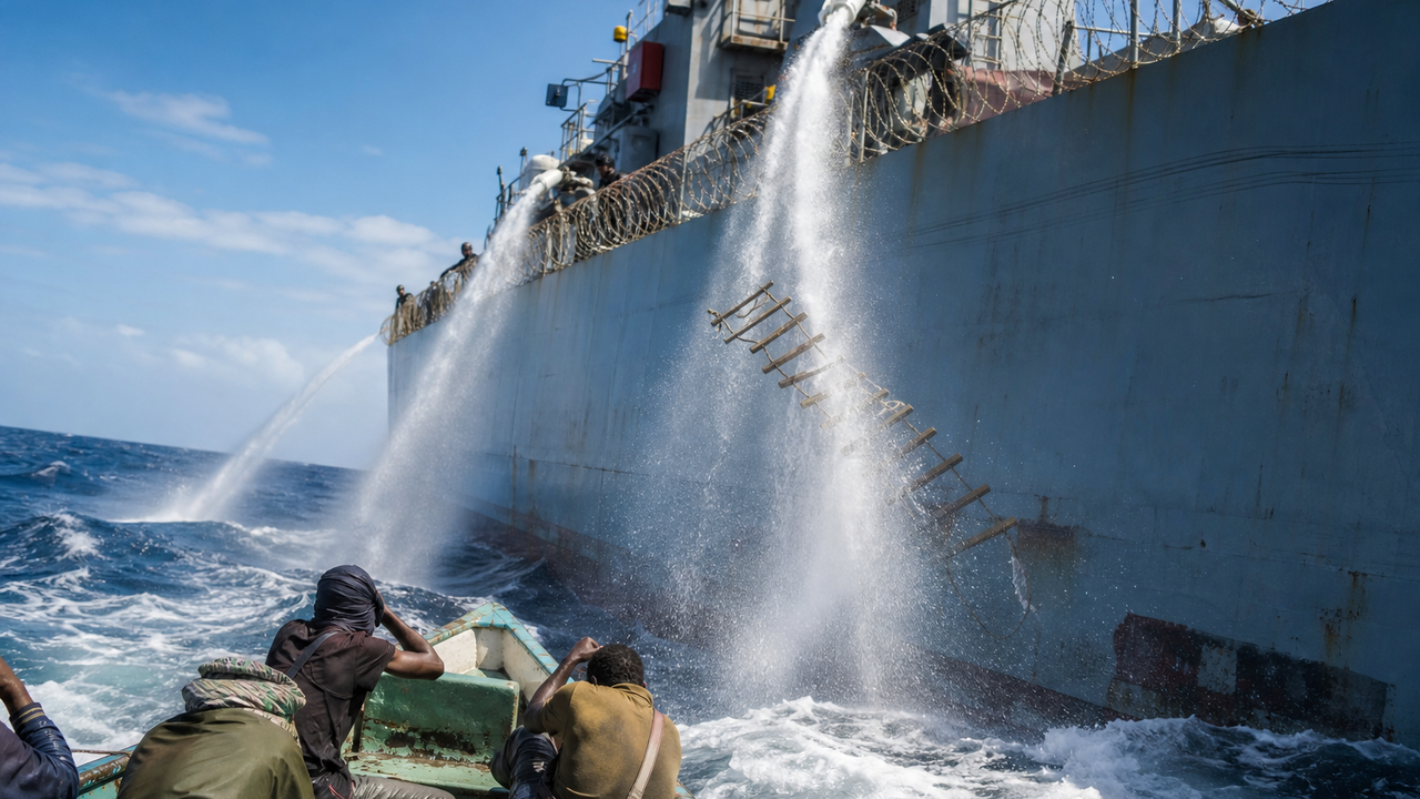 Cargo ship water cannons can knock pirates off ladders before they ...