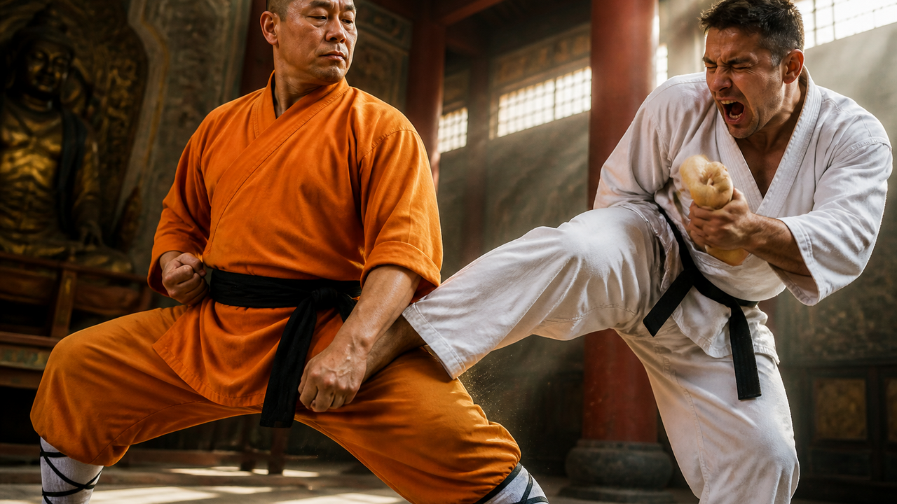 Karate black belt tests Shaolin master's iron body and ends up hurting ...
