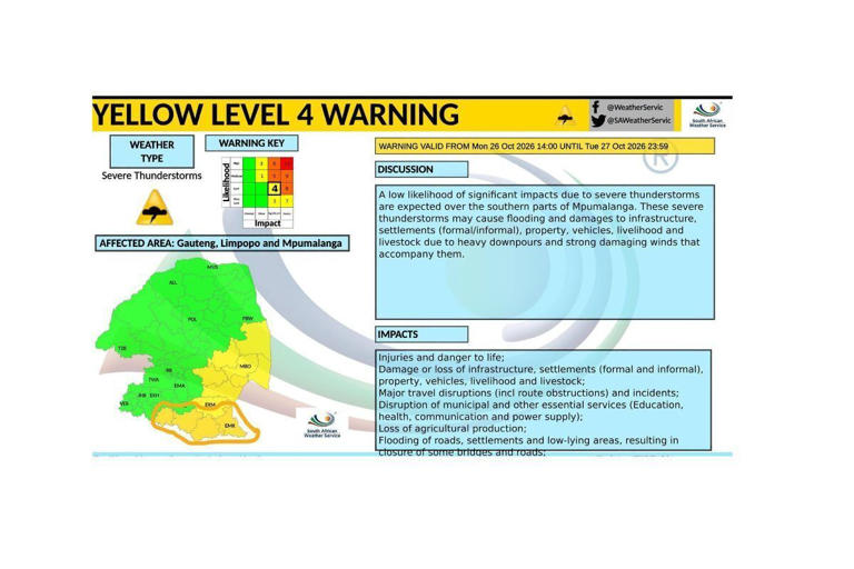 Yellow level 4 warning issued for severe thunderstorms in Mpumalanga