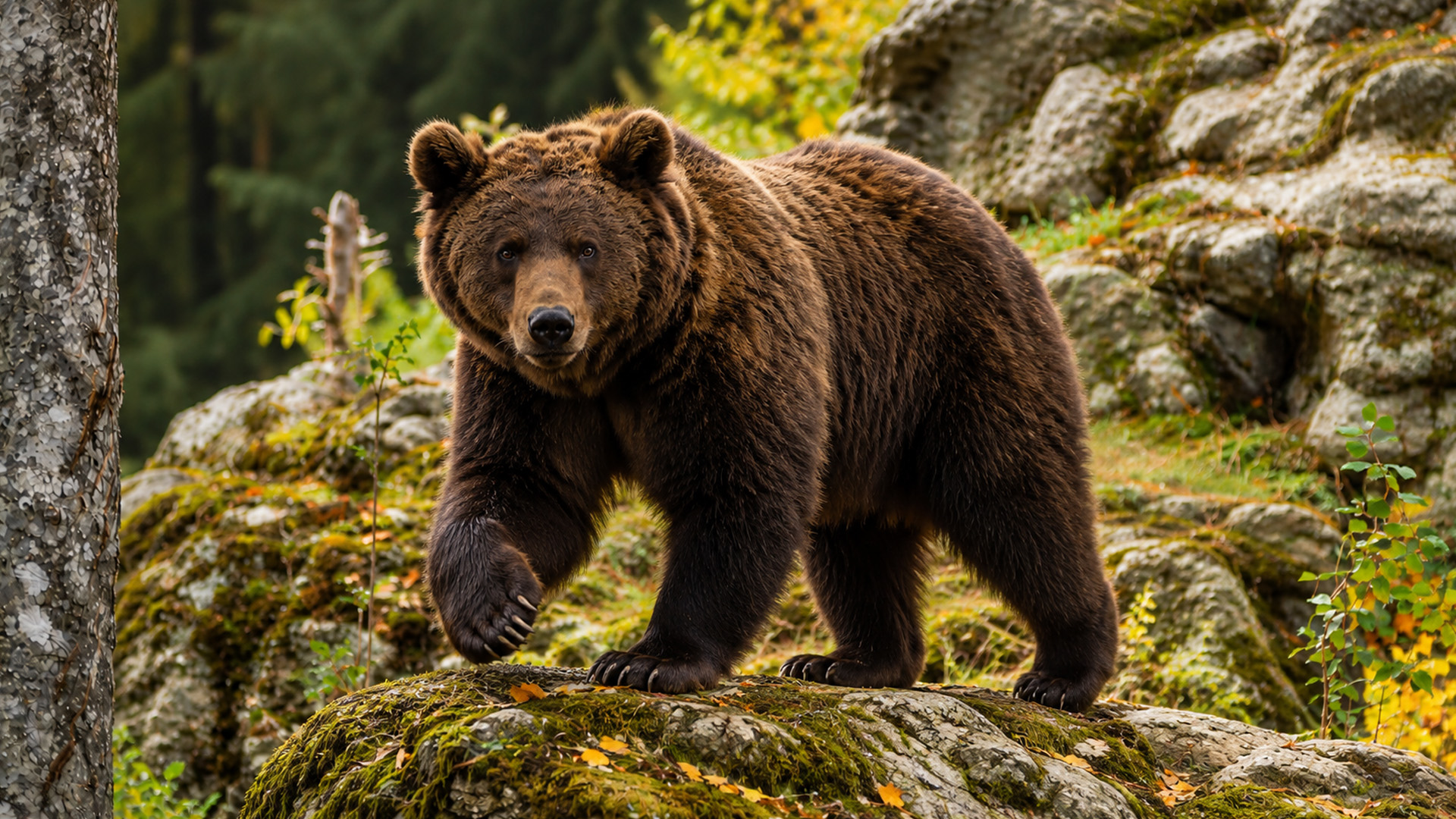 A brown bear came face to face with the camera on a rocky trail