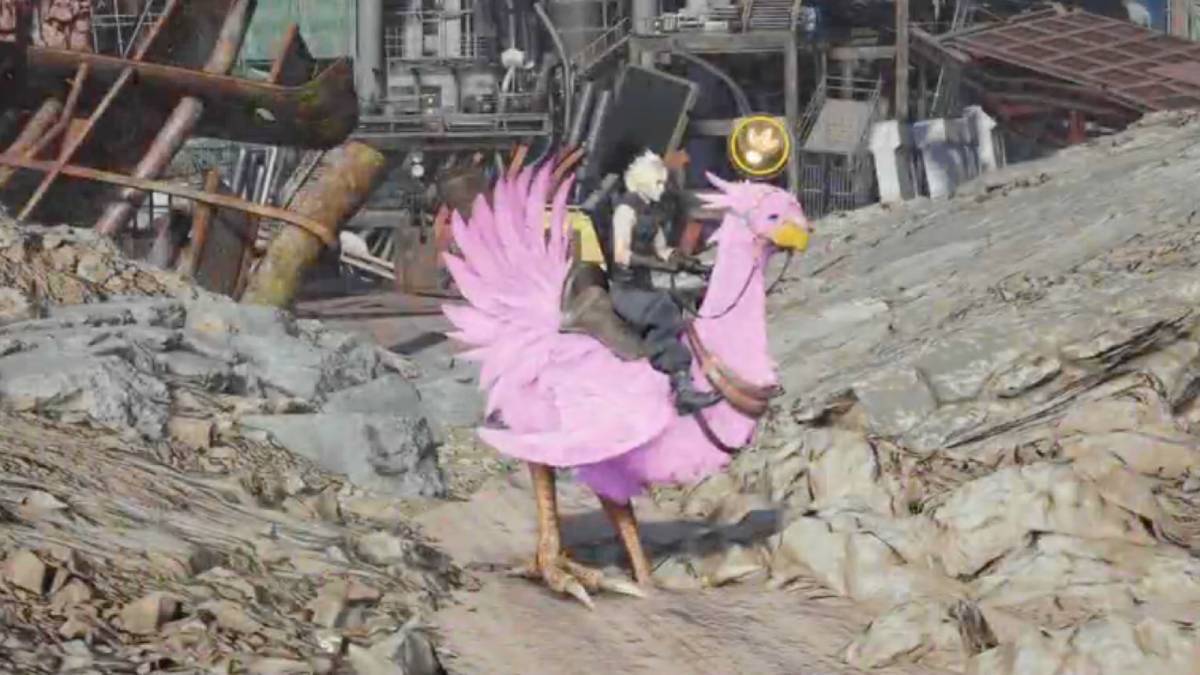 Cloud flies on a pink chocobo in FFVII Revelation gameplay clip