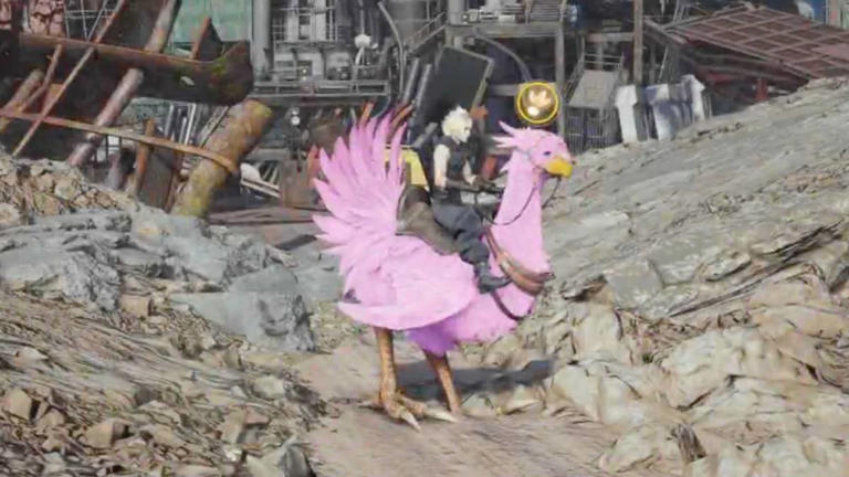 Cloud flies on a pink chocobo in FFVII Revelation gameplay clip