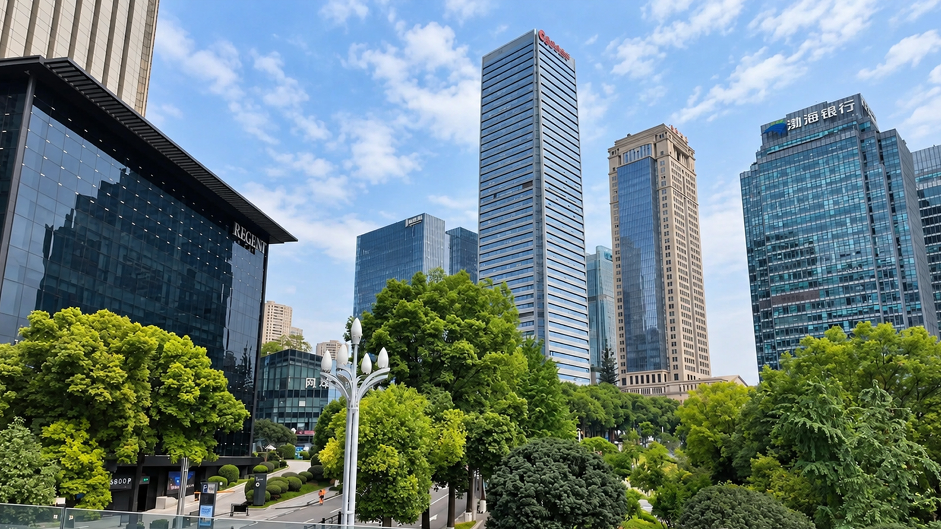 Giant glass skyscrapers rise above a green oasis in China