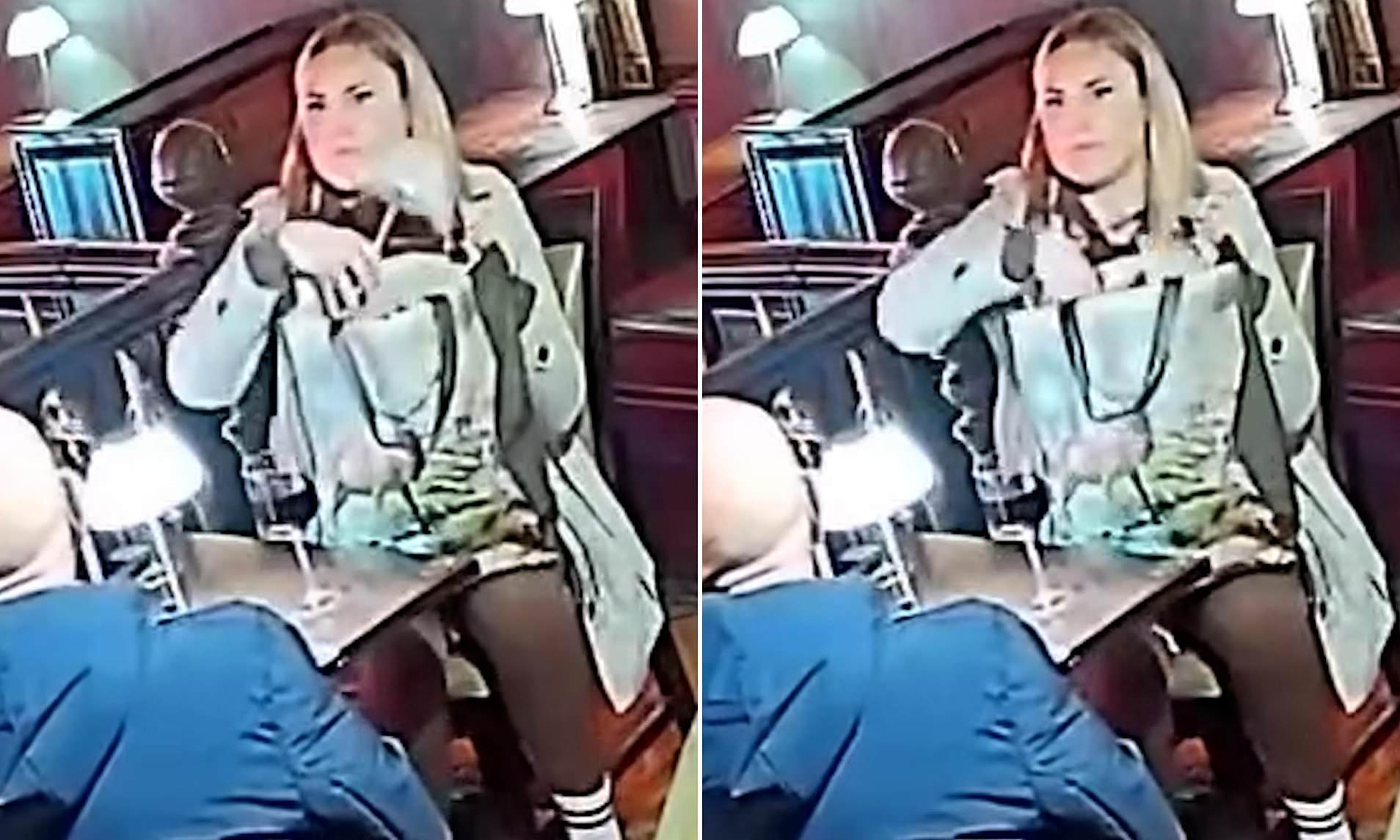 Moment light-fingered woman is caught on CCTV stealing table lamp from bar