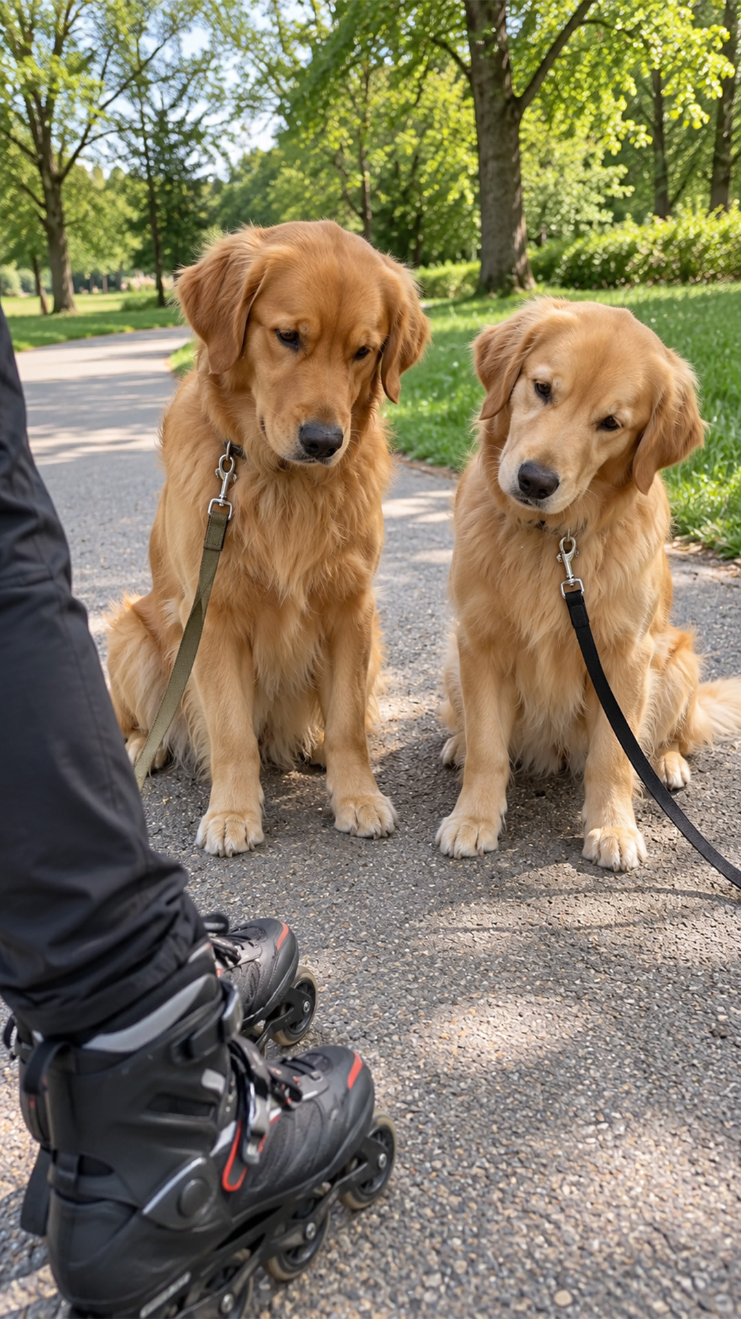 Can two golden retrievers handle a roller skating owner?