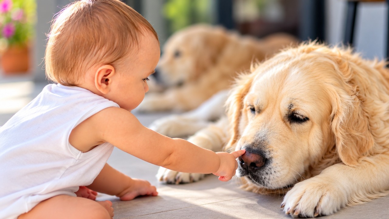 Golden retriever just wants sleep but baby has plans