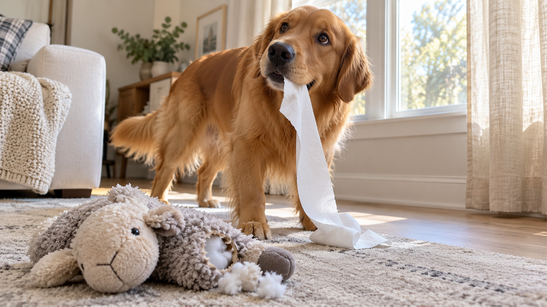 Dog makes a mess and pretends nothing happened