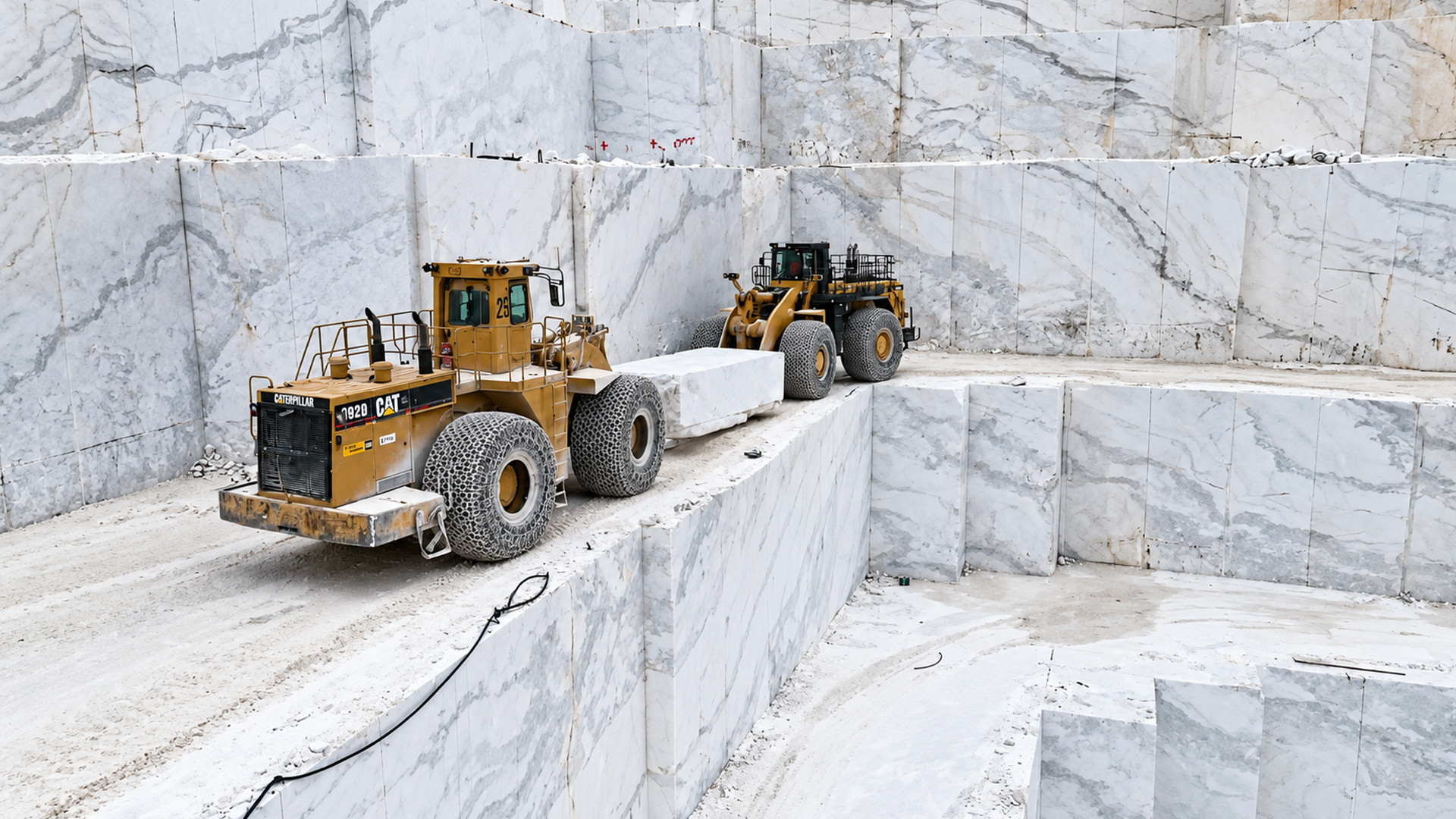Watch heavy machinery slice 30-ton solid marble blocks from mountain rock