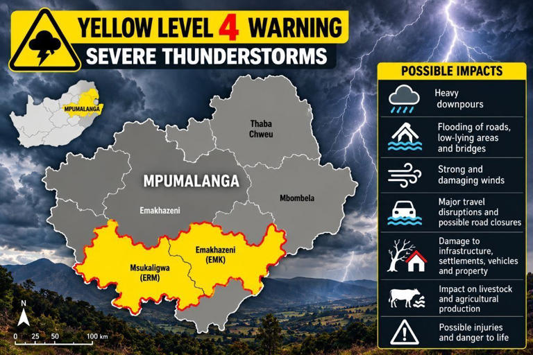 Yellow level 4 warning issued for severe thunderstorms in Mpumalanga