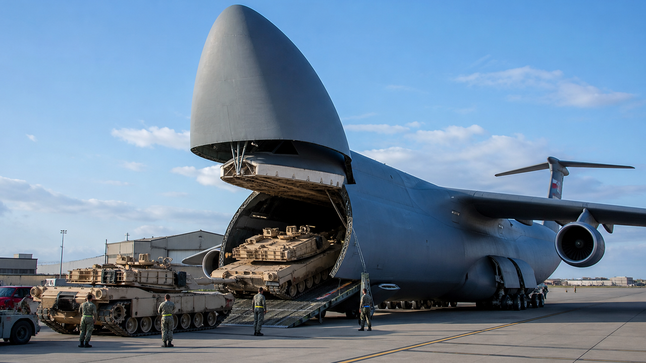 C-5 Galaxy kneels to load two Abrams tanks for a single flight