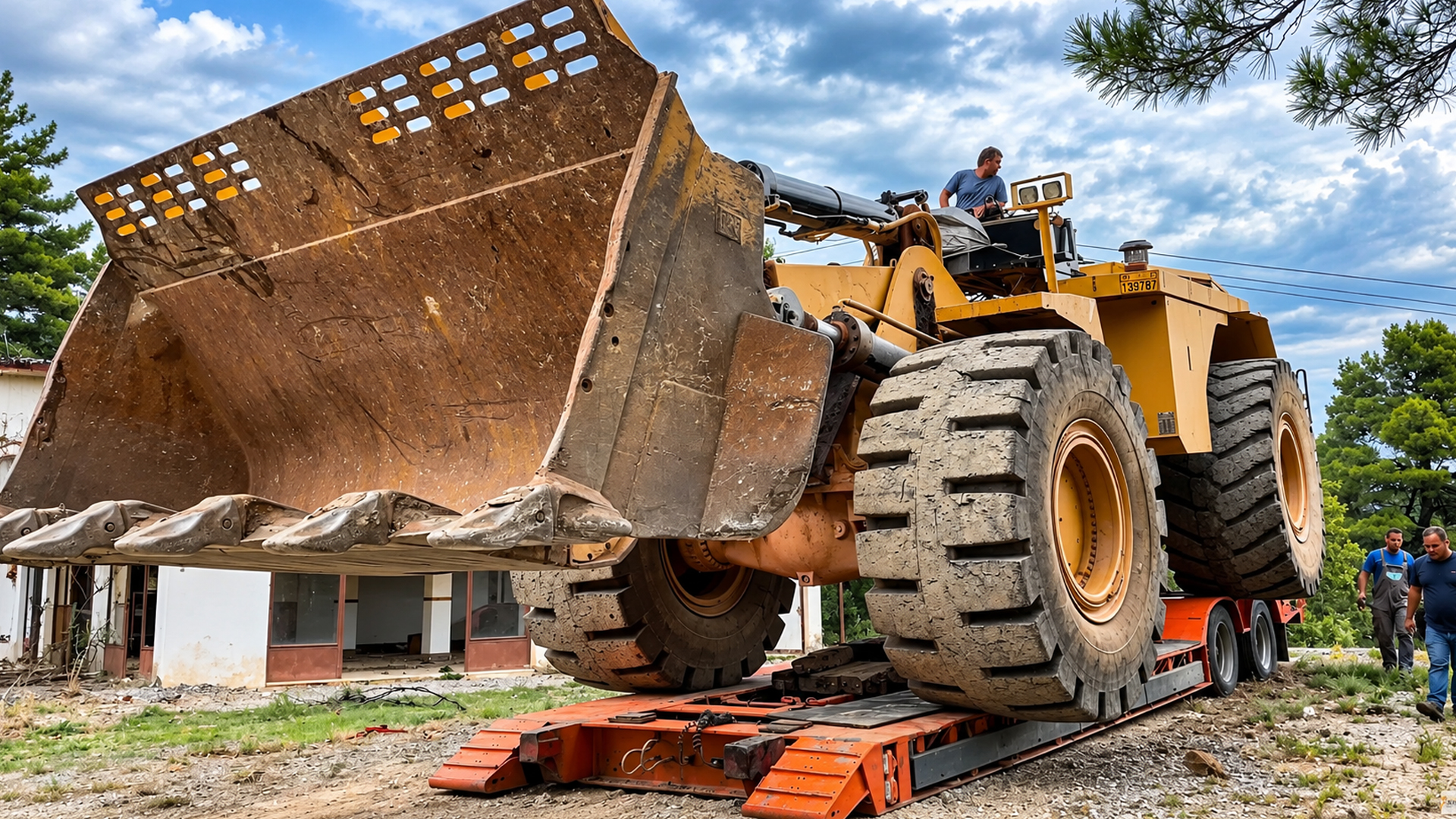 Watch a 100-ton Caterpillar loader squeeze onto a lowbed trailer for haul