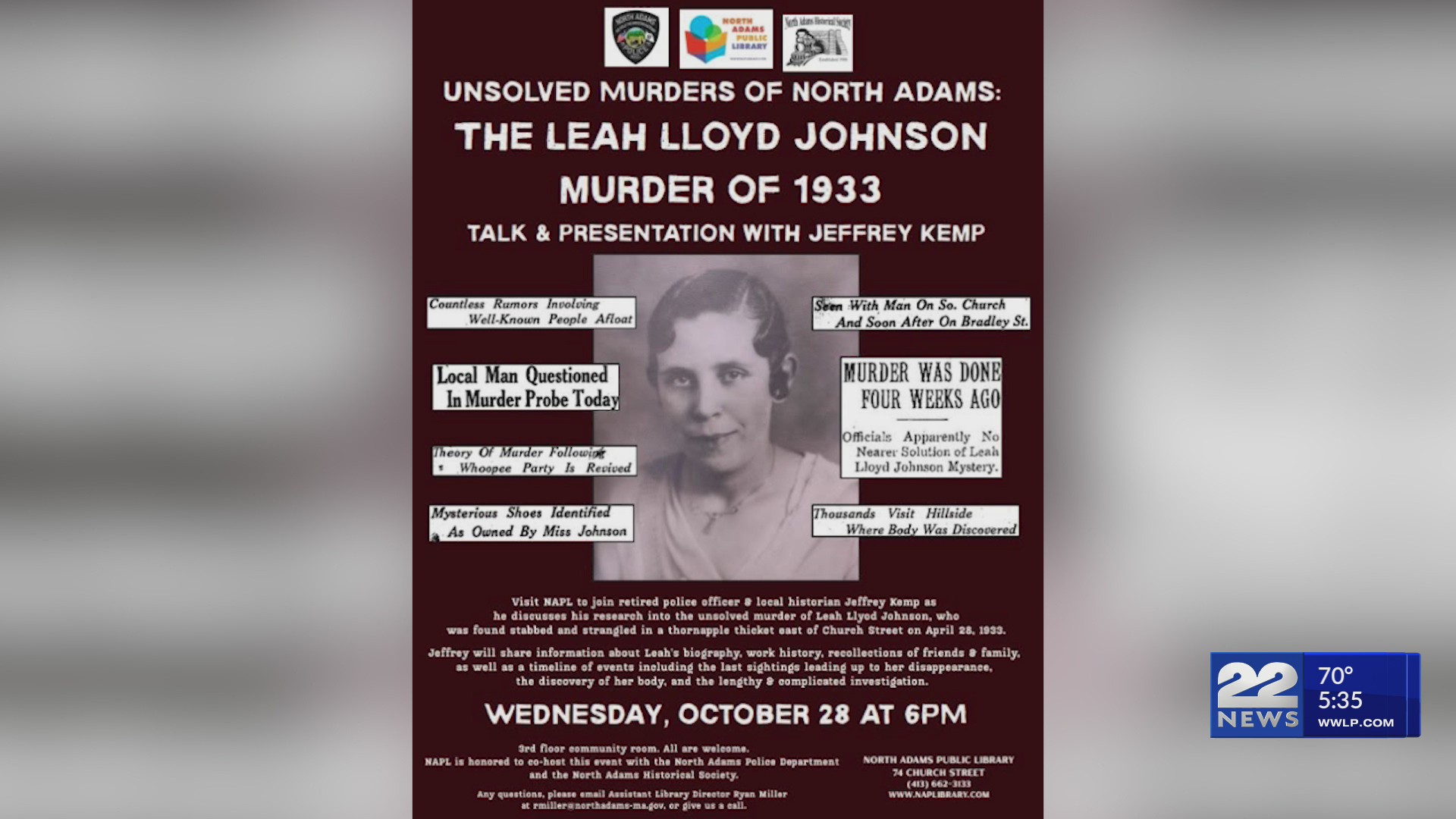 North Adams library to hold presentation on unsolved 1933 murder case